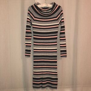 Motherhood Mat S Gray Pink White Horizontal Striped Ribbed Knit Dress